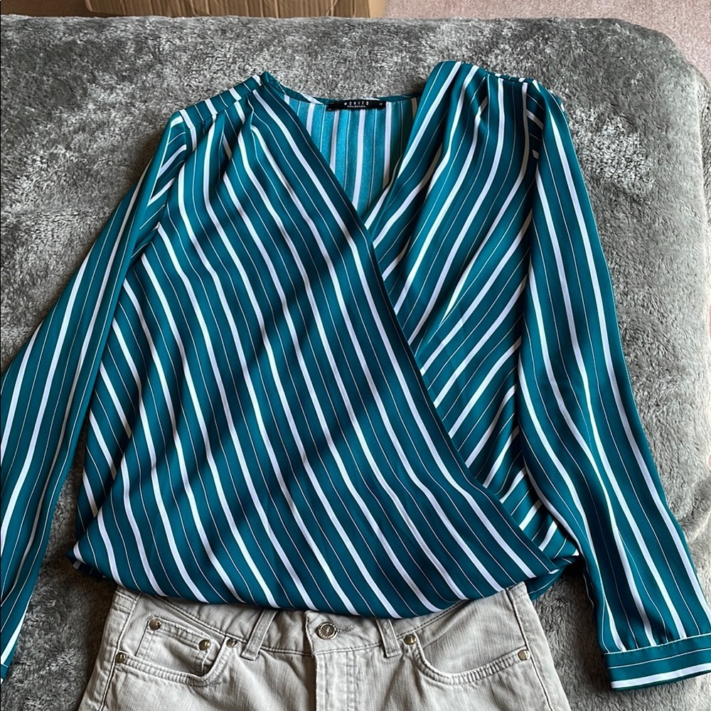 White and Green Wrap Long Sleeve Blouse